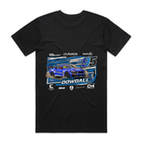 Black t-shirt with a blue car graphic and text on a white background